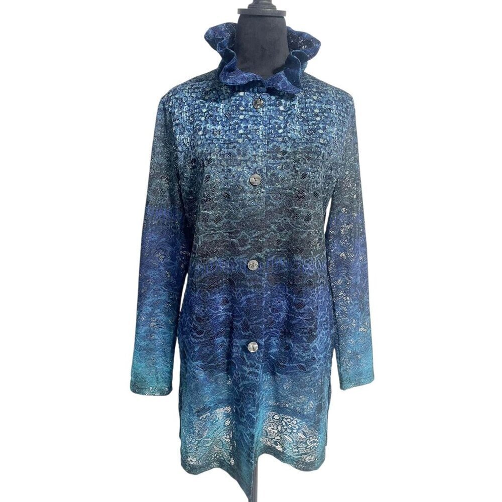 Damee Size Medium  Top Blouse Button Down Wired Collar Abstract Boho Art